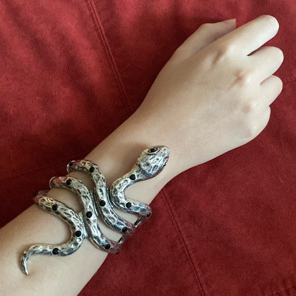 Large VON Snake Hinged Cuff Bracelet w/ Black Rhinestone and Hammered Silver